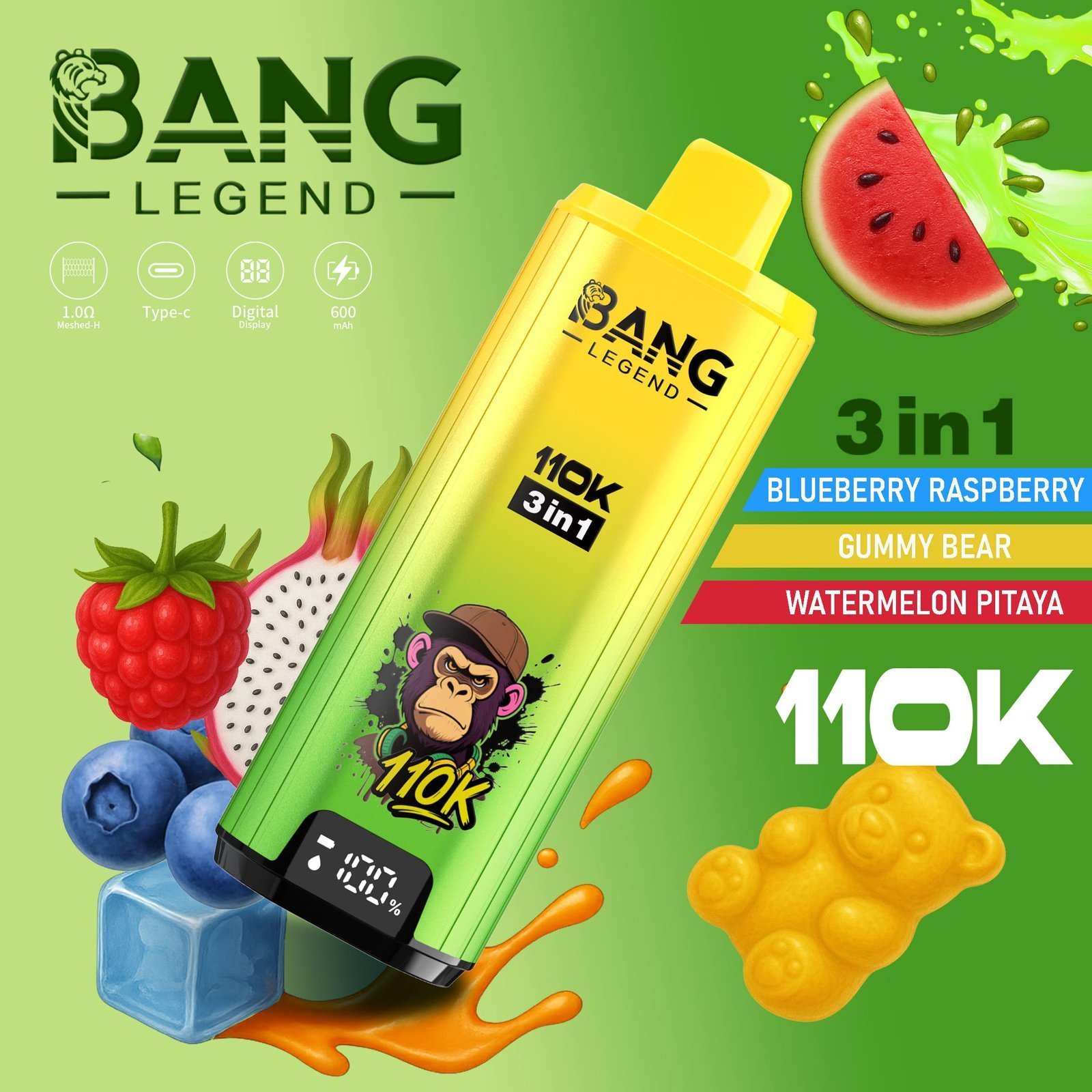 Bang Legend 110K 3フレーバー使い捨てVAPE｜110,000パフ・850mAh・Type-C・0％/2％/3％/5％ - 画像 (4)